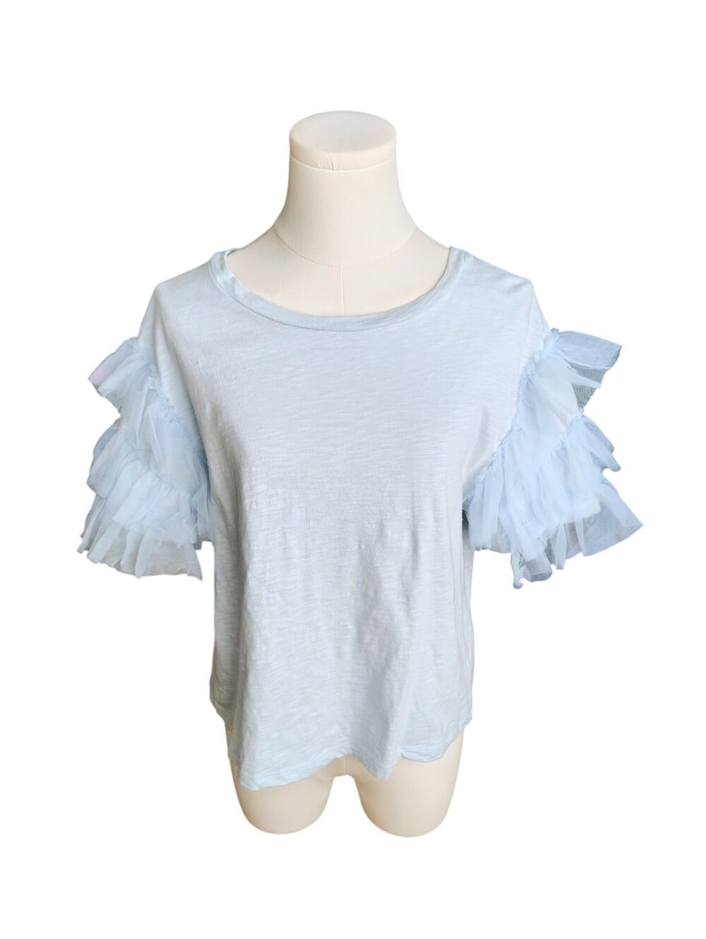 Lea & Viola 100% Cotton Light Blue Tulle Ruffled Tee Blouse Size Medium
